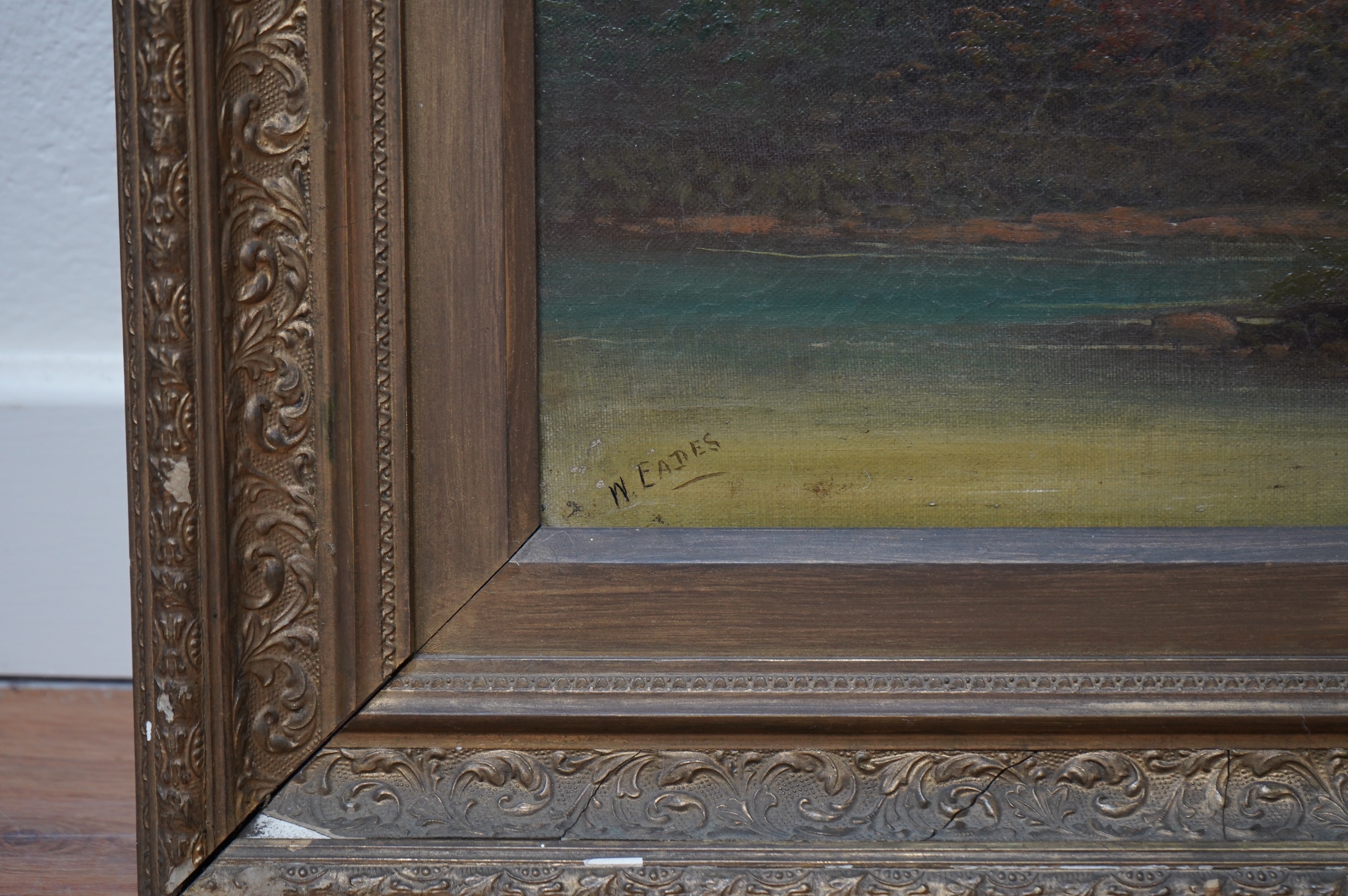 W. Eades, (Late 19th century), oil on canvas, Pastoral landscape with figure before a cottage, signed, 36 x 49cm, ornate gilt frame. Condition - fair